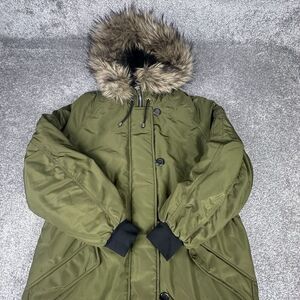 H&M Fur Lined Coat Womens Large Full Zip Green Winter Outdoors Button Jacket